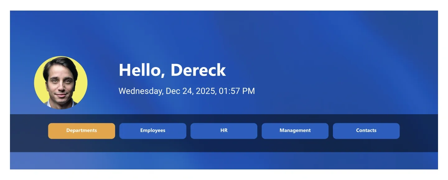 Animated SharePoint header with round profile photo, personal greeting, live date, and pill navigation buttons