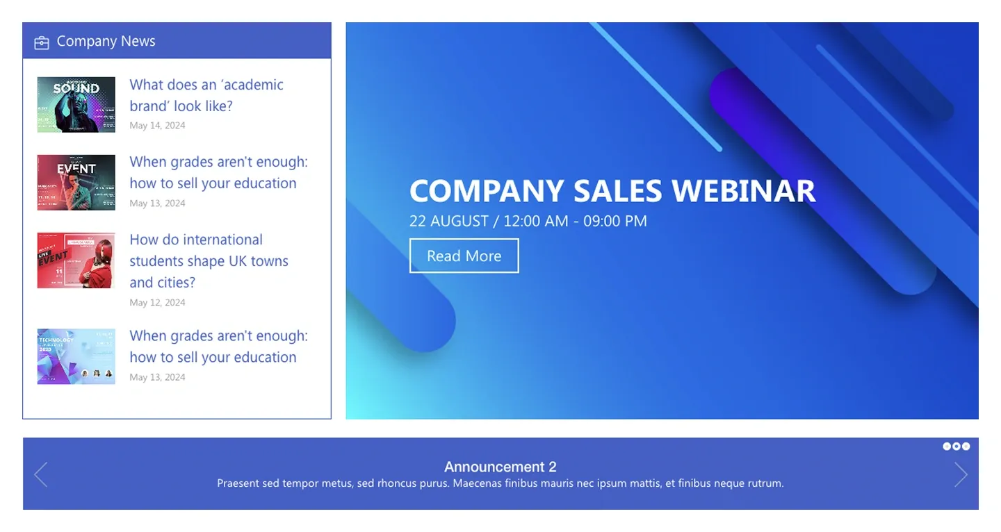SharePoint news section with thumbnail list, blue Company Sales Webinar hero card and announcement bar