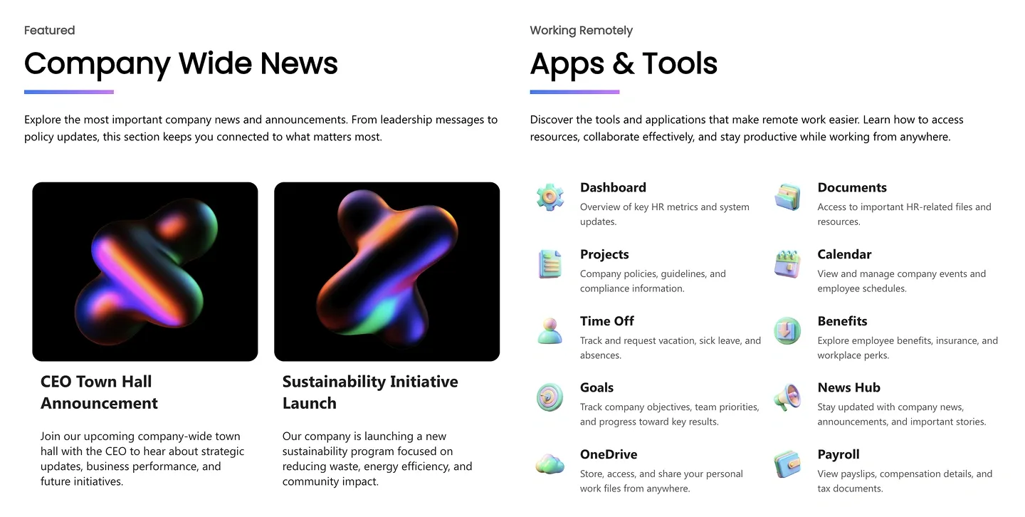 Corporate section pairing two featured news cards with an icon list of apps and tools for remote work