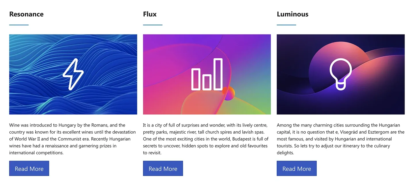 Knowledge base articles section with three gradient artwork columns, excerpts and Read More buttons