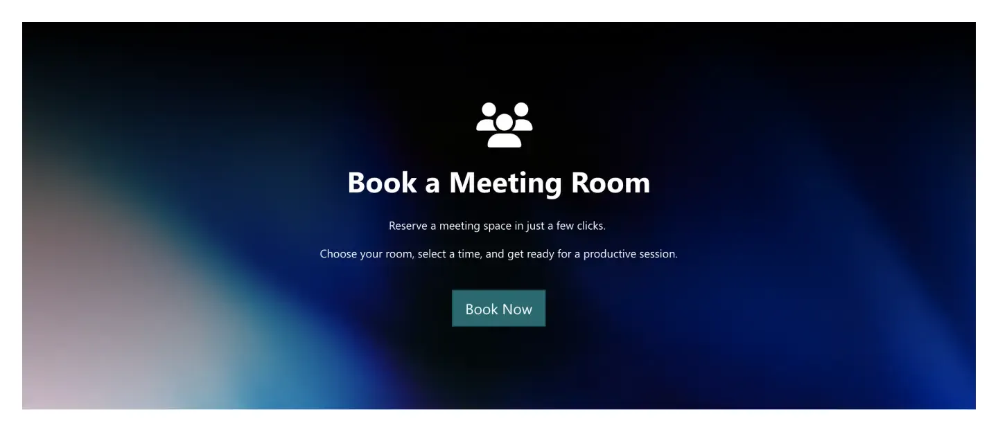 Dark call to action banner with people icon, "Book a Meeting Room" headline and a teal Book Now button