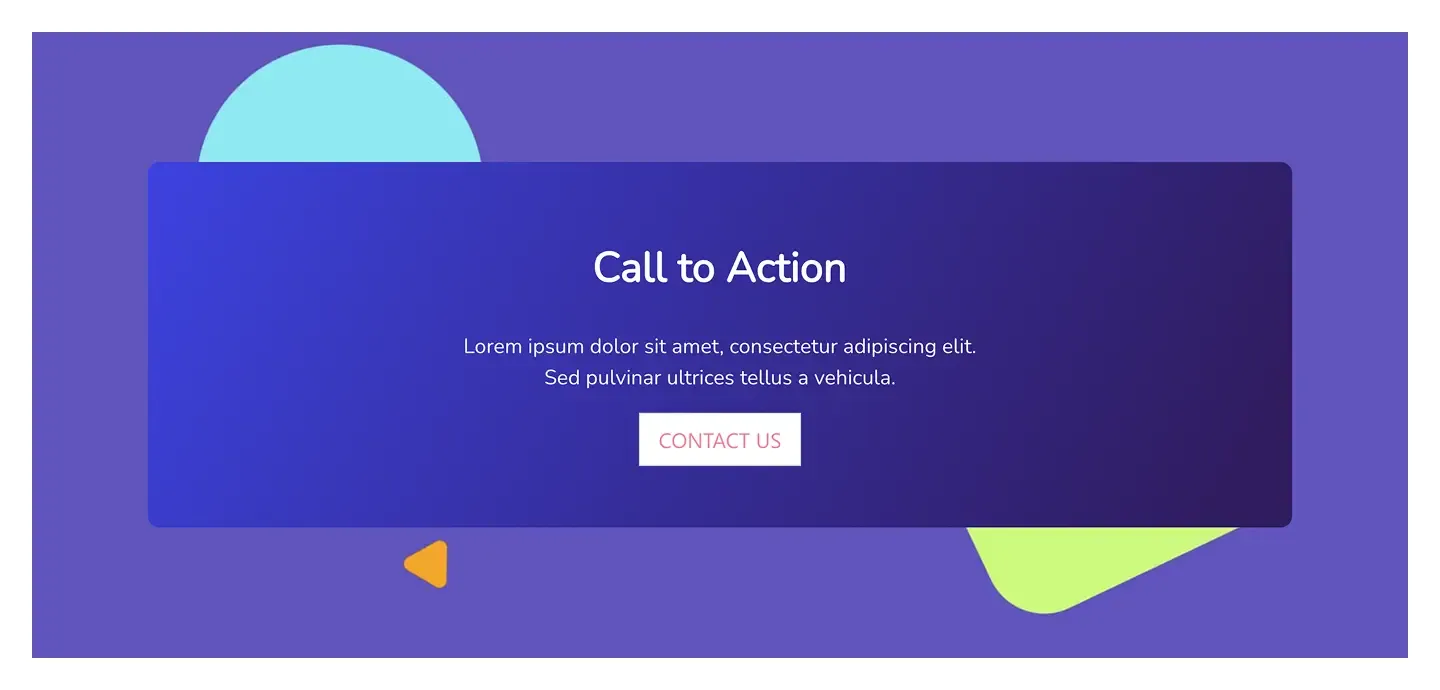 Purple call to action card floating over abstract shapes, with centered headline, short text and a Contact Us button
