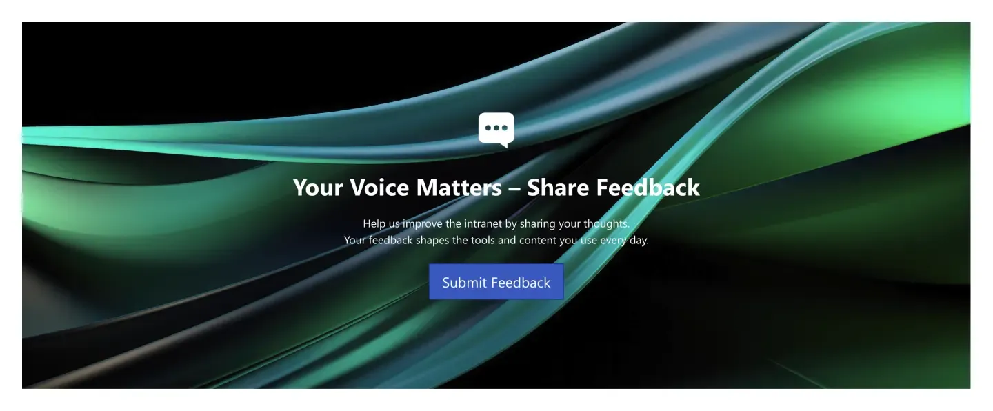 Dark call to action banner with green ribbons, chat icon, "Share Feedback" headline and a Submit Feedback button