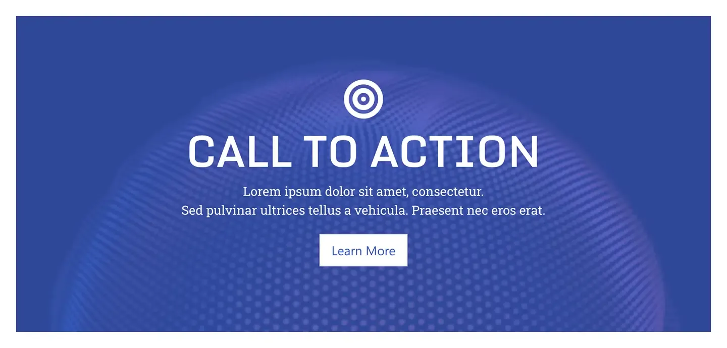 Blue full-width call to action banner with target icon, bold headline, two lines of text and a Learn More button
