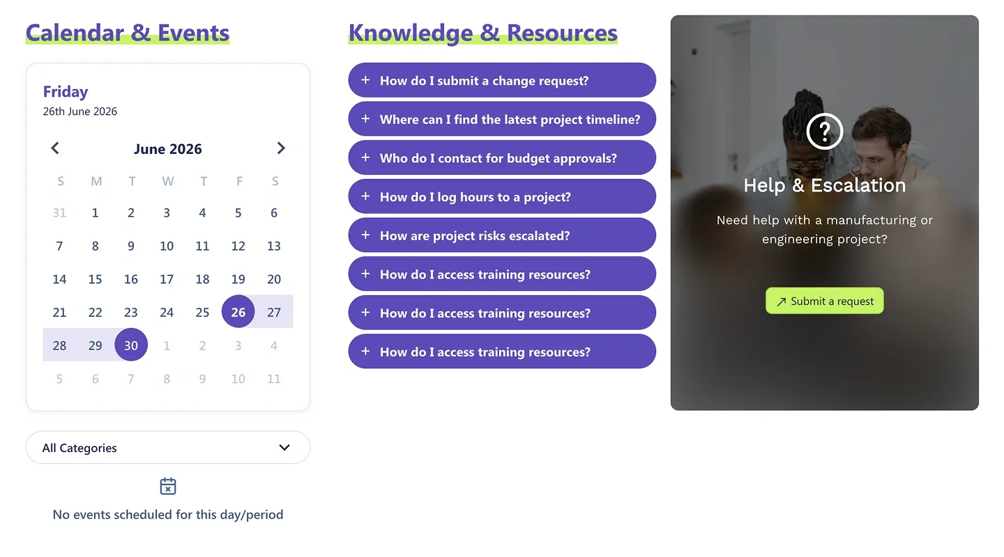 HR section with monthly calendar, purple Knowledge & Resources FAQ bars and a Help & Escalation photo card