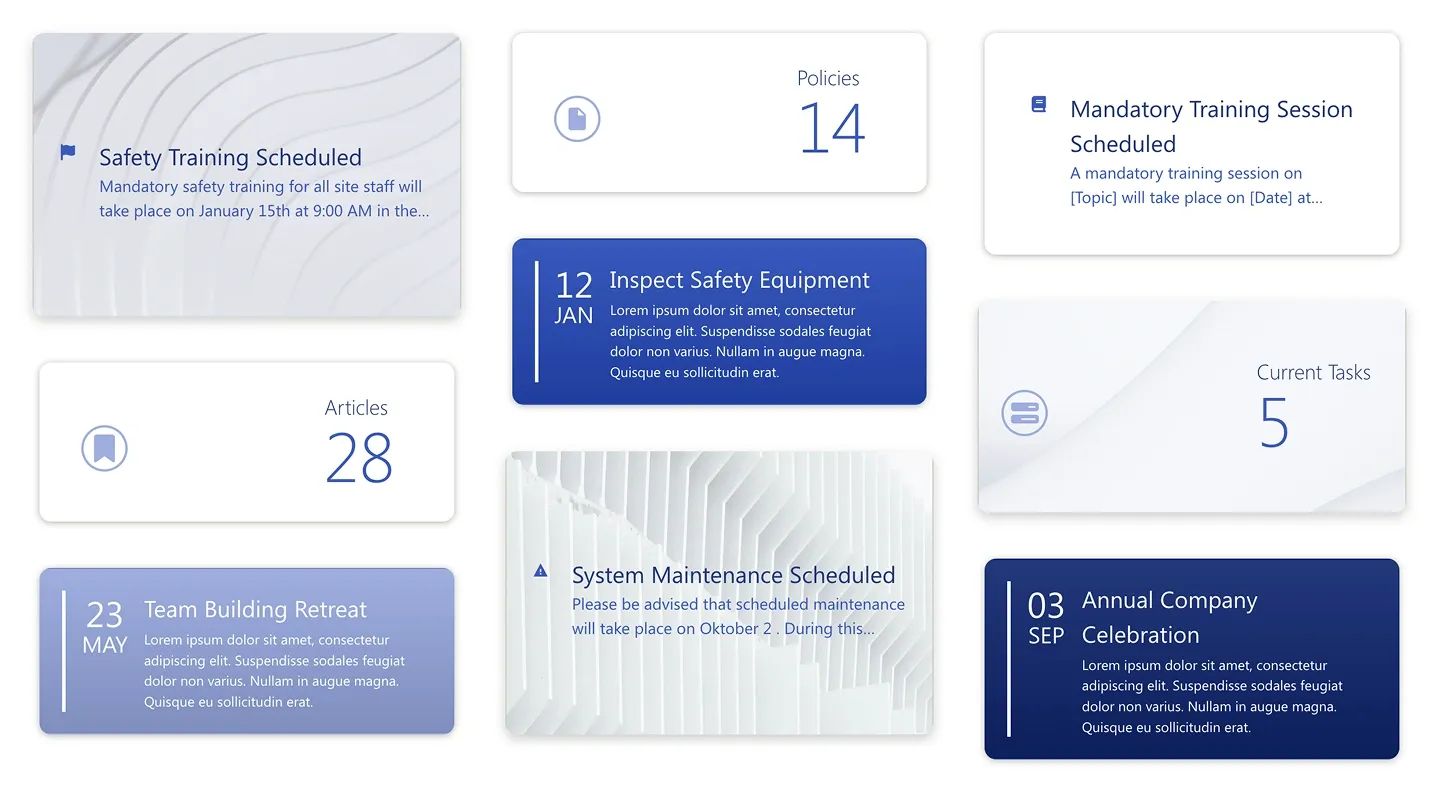 Masonry grid of mixed SharePoint news cards with counters, date badges and alerts in white and blue
