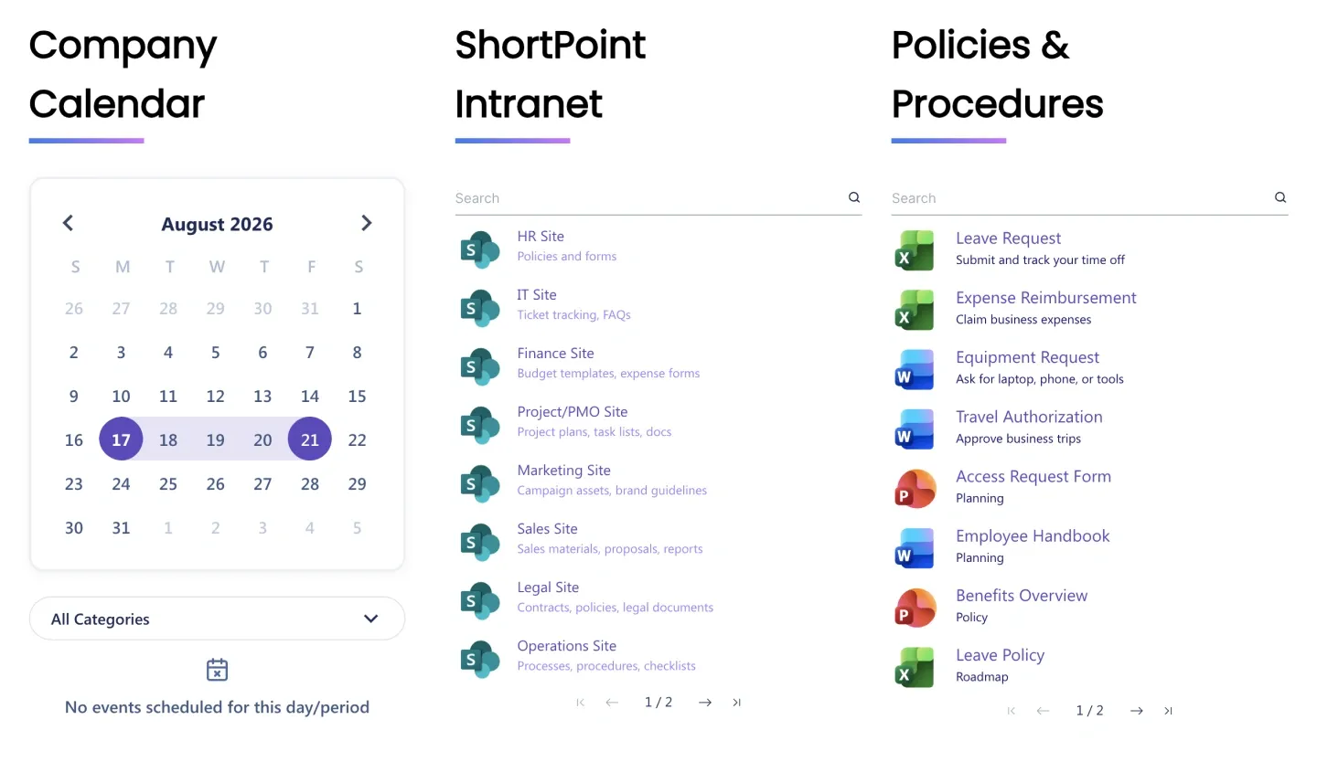 Company Calendar section with monthly calendar beside searchable site links and policy documents