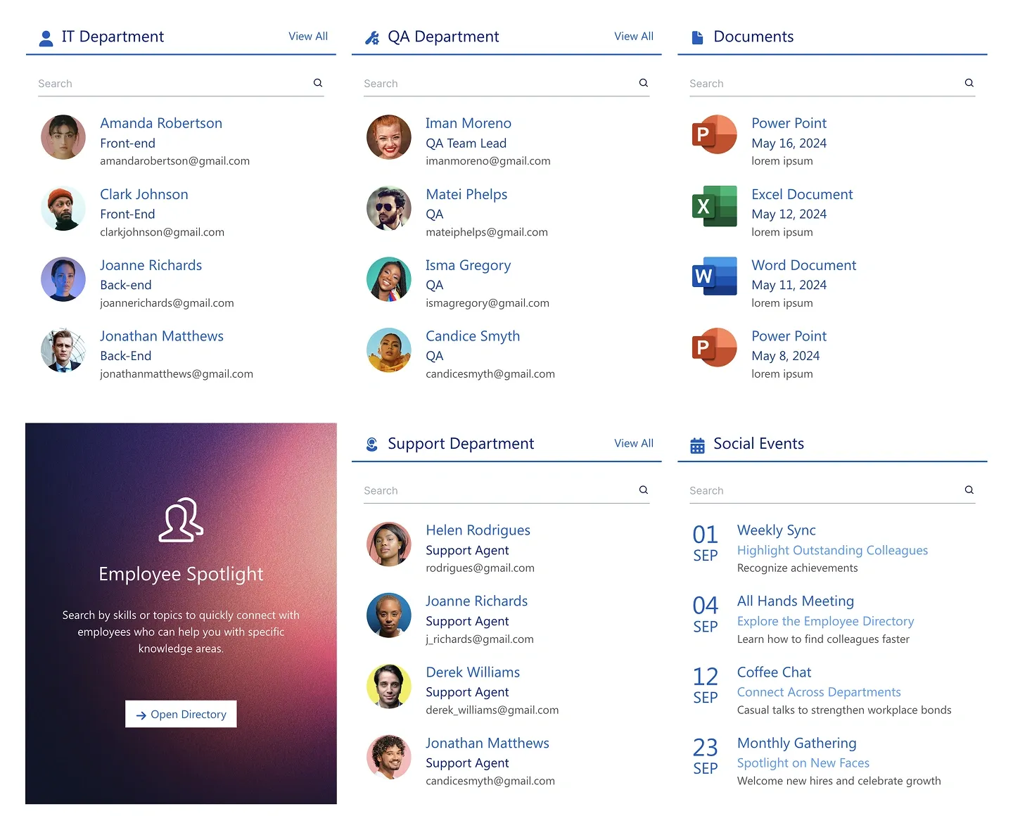 Company Departments dashboard with people lists, documents, events and an Employee Spotlight promo card