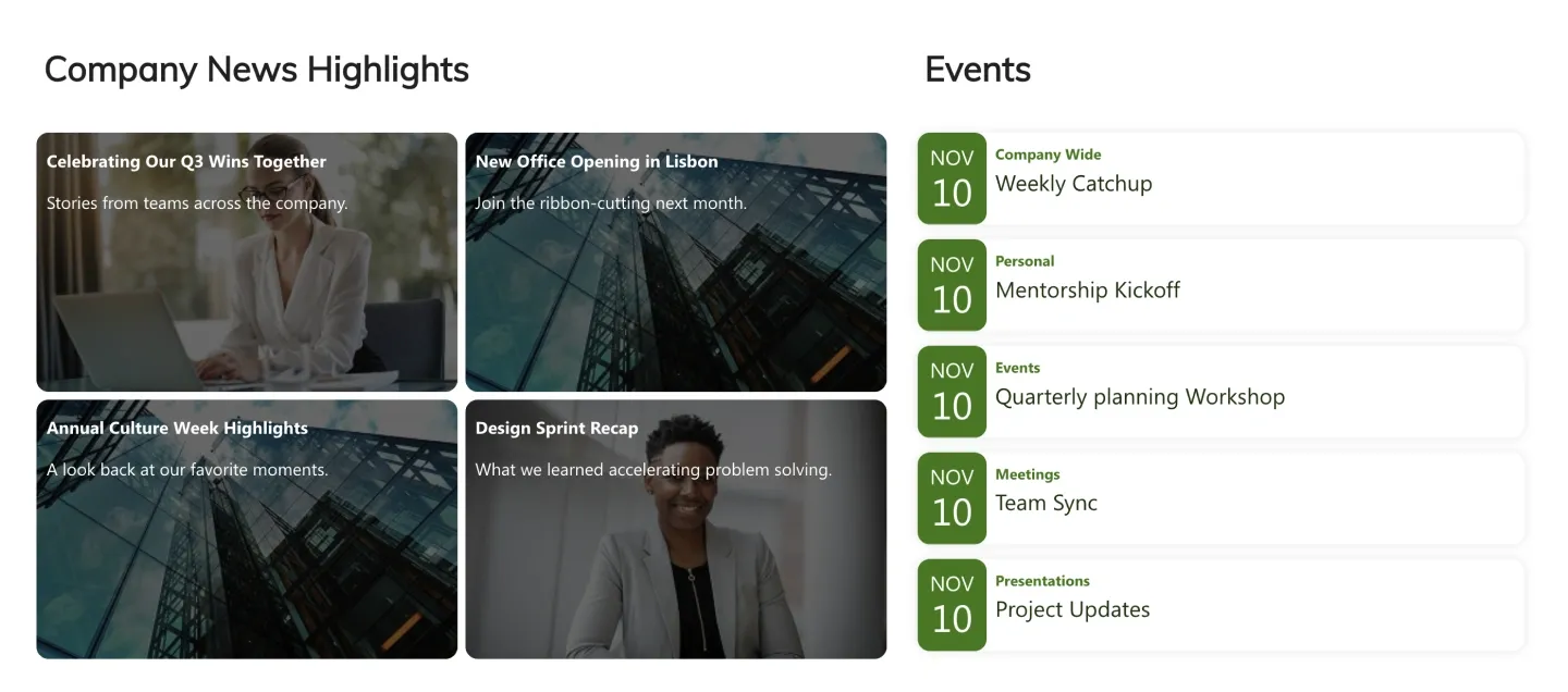 Company News Highlights with four photo news tiles beside an Events list with green date badges