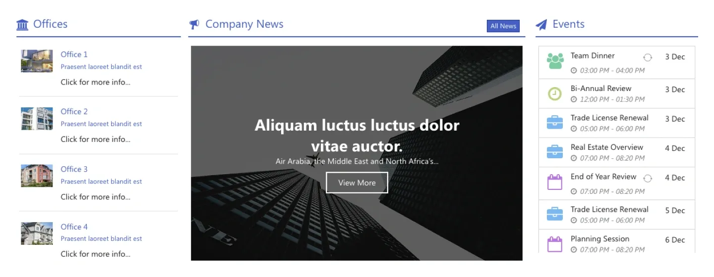 Three-column SharePoint news section with office links, dark news hero and events list