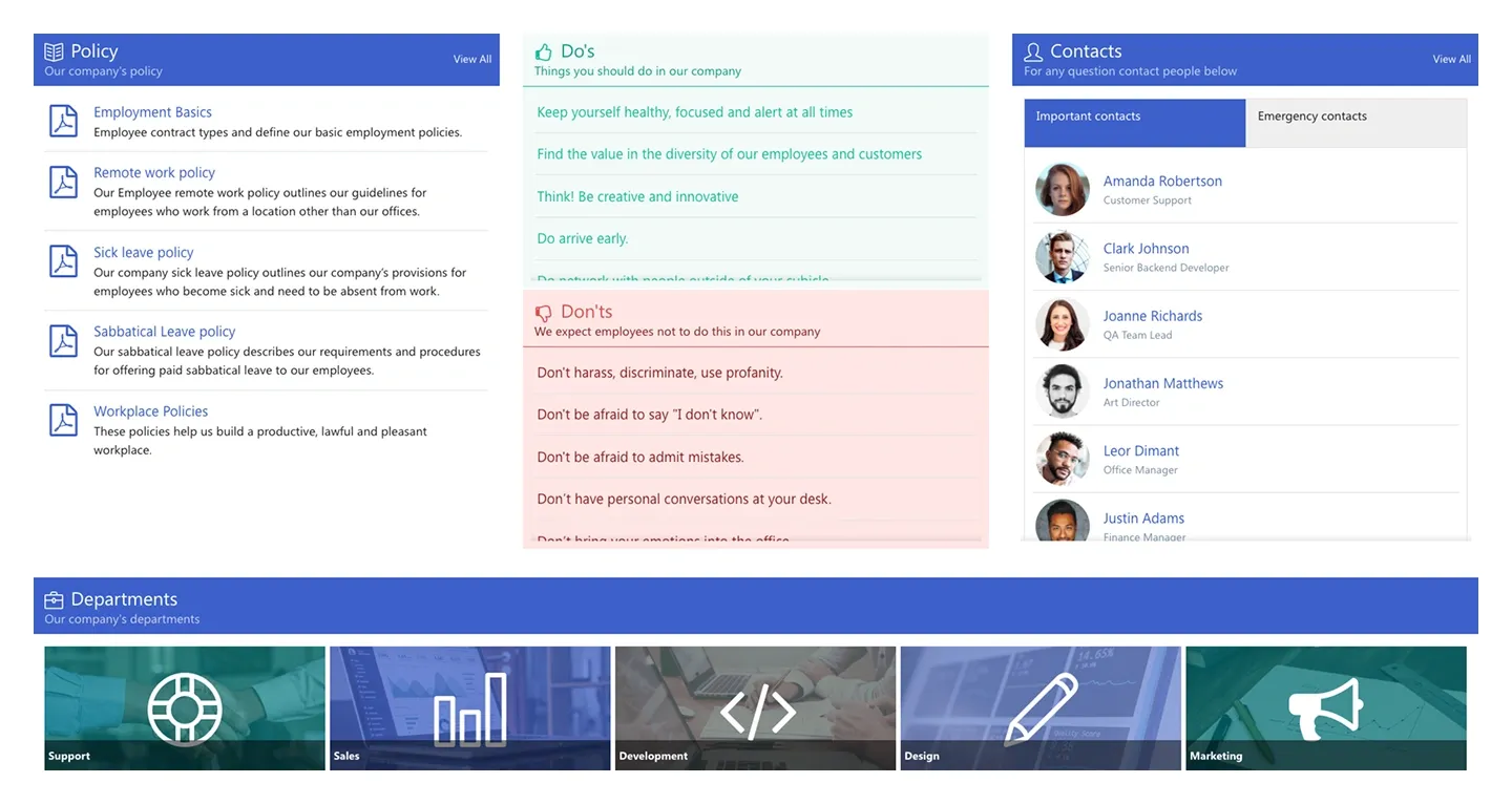 Company policy section with document list, colour-coded Do's and Don'ts, key contacts and department image tiles