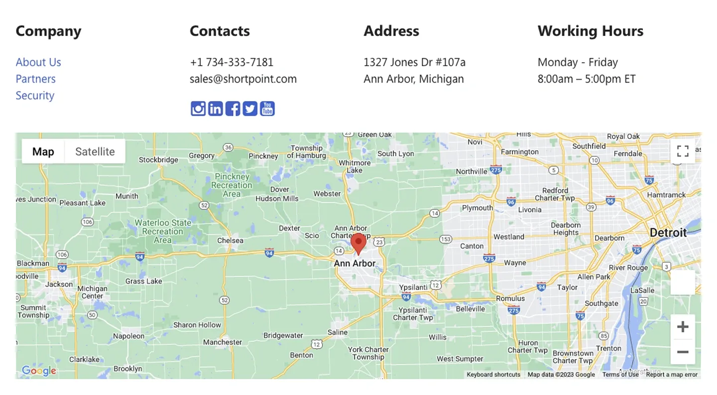 Contact Us section with company links, phone, email, address and working hours above an embedded Google Map