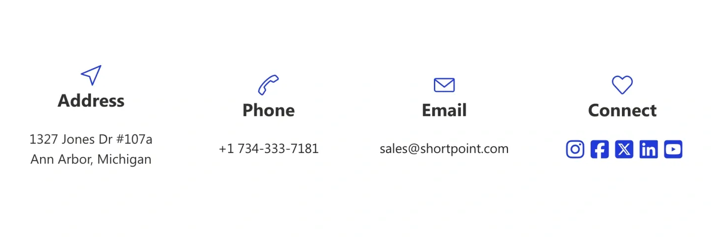 Minimal Contact Us section with four blue outline icons for address, phone, email and social media links