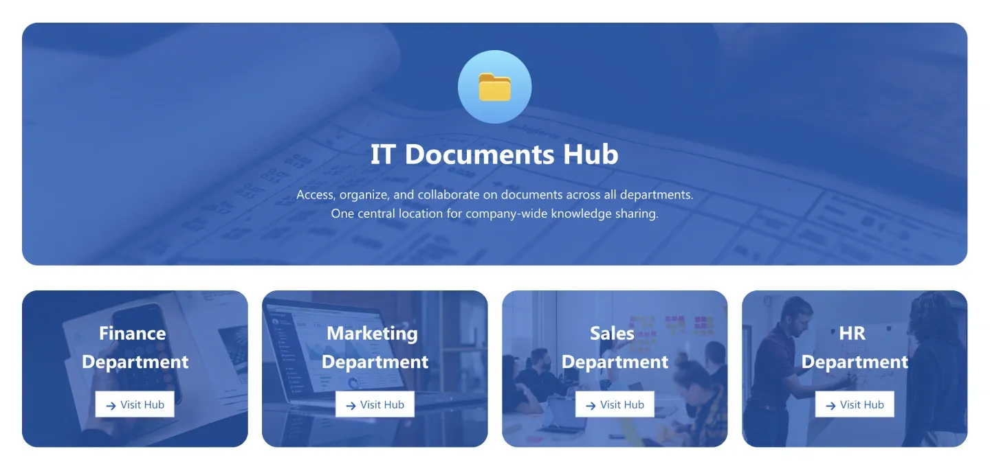 IT Documents Hub banner with folder icon above four department tiles with Visit Hub links