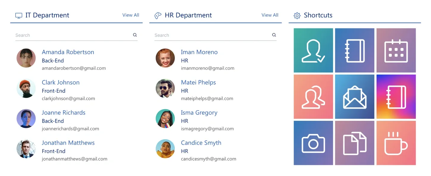 Team section with IT and HR department people lists beside nine gradient icon shortcuts