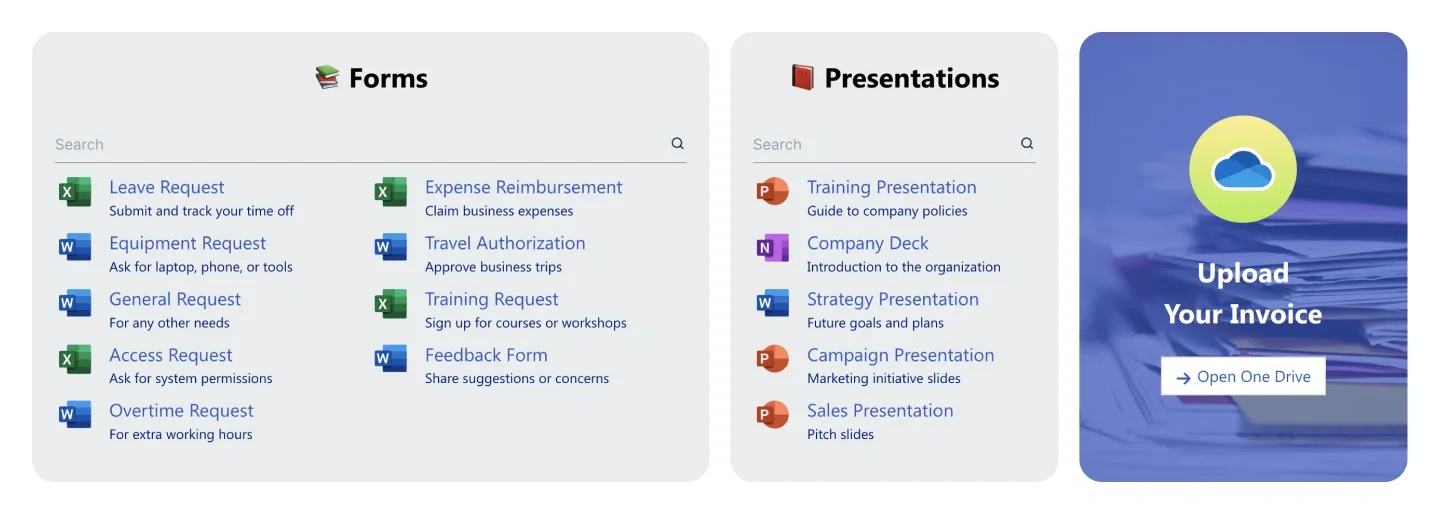 Document hub with searchable Forms and Presentations lists and a gradient Upload Your Invoice card