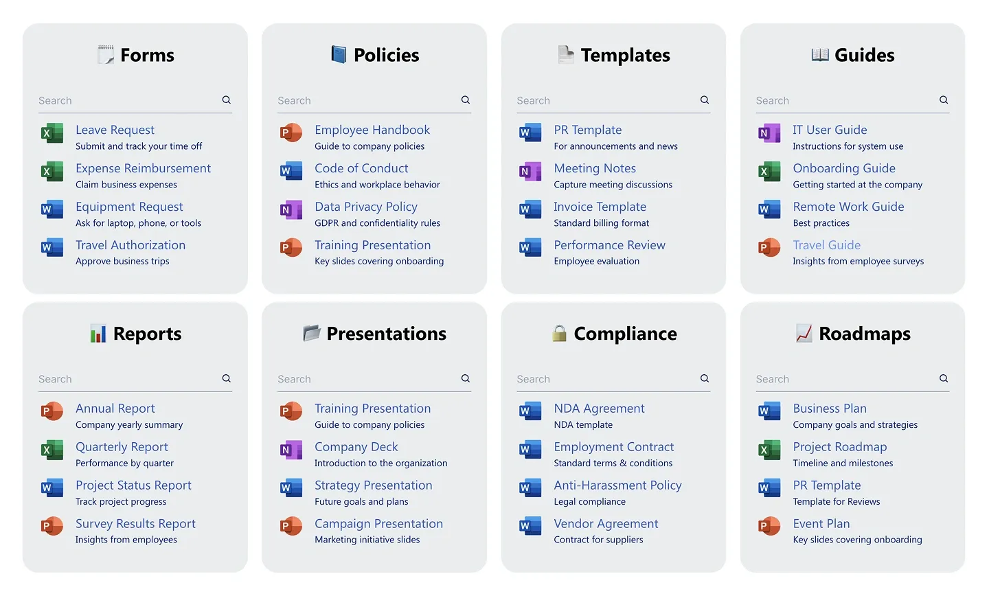 Document hub grid of eight searchable document lists with Word, Excel and PowerPoint file icons