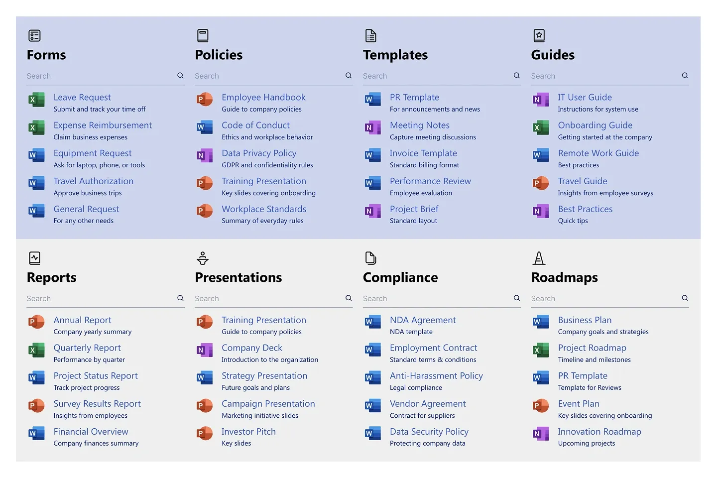 Document hub with eight searchable document categories on a soft lavender panel