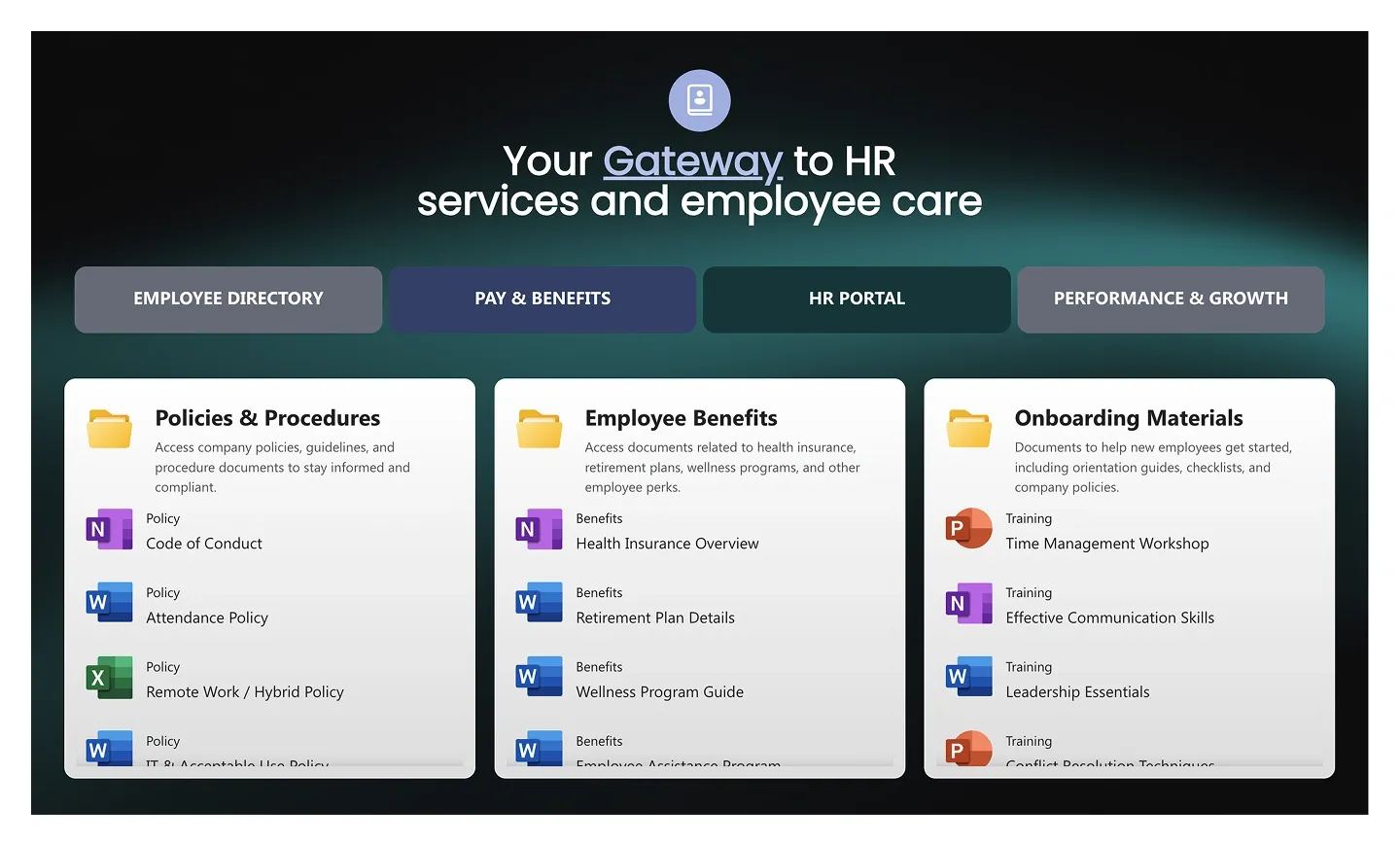 HR document hub with dark hero, four navigation buttons and three cards for policies, benefits and onboarding