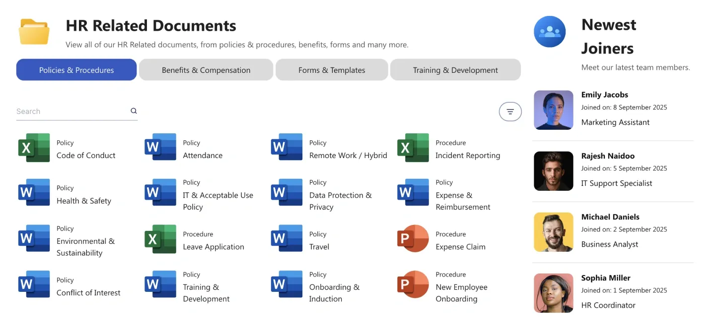 HR Related Documents library with category tabs and file grid beside a Newest Joiners people card