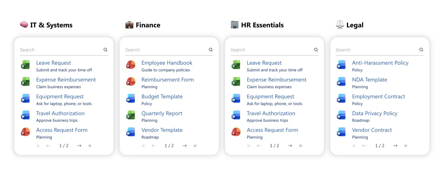 Document hub with four searchable department cards for IT, Finance, HR Essentials and Legal