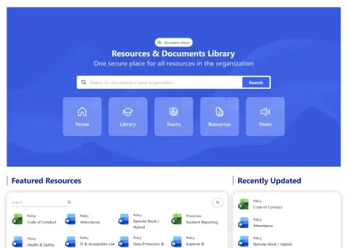 SharePoint Document Library Template: Featured files, browse-by-category, and quick uploads.