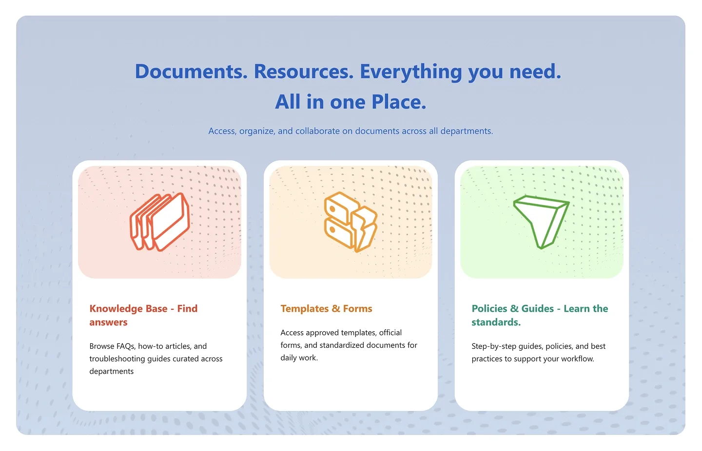 Feature section with three illustrated cards for knowledge base, templates and policies on a blue dotted panel