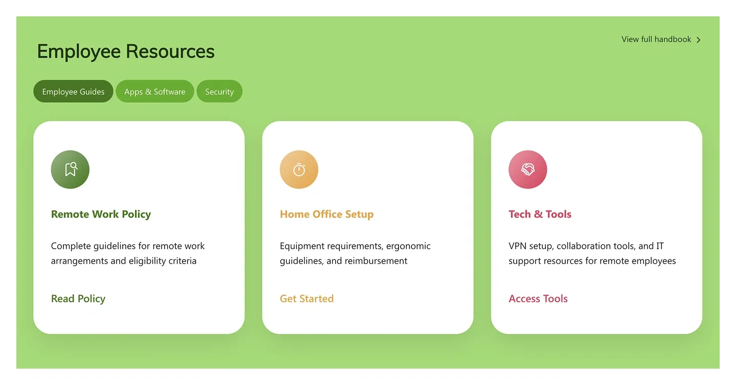 Employee Resources feature section on a green panel with filter chips and three white icon cards
