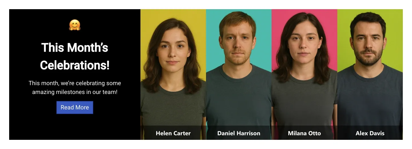 Employee Spotlight section with dark celebration panel beside four colour-backed employee portraits