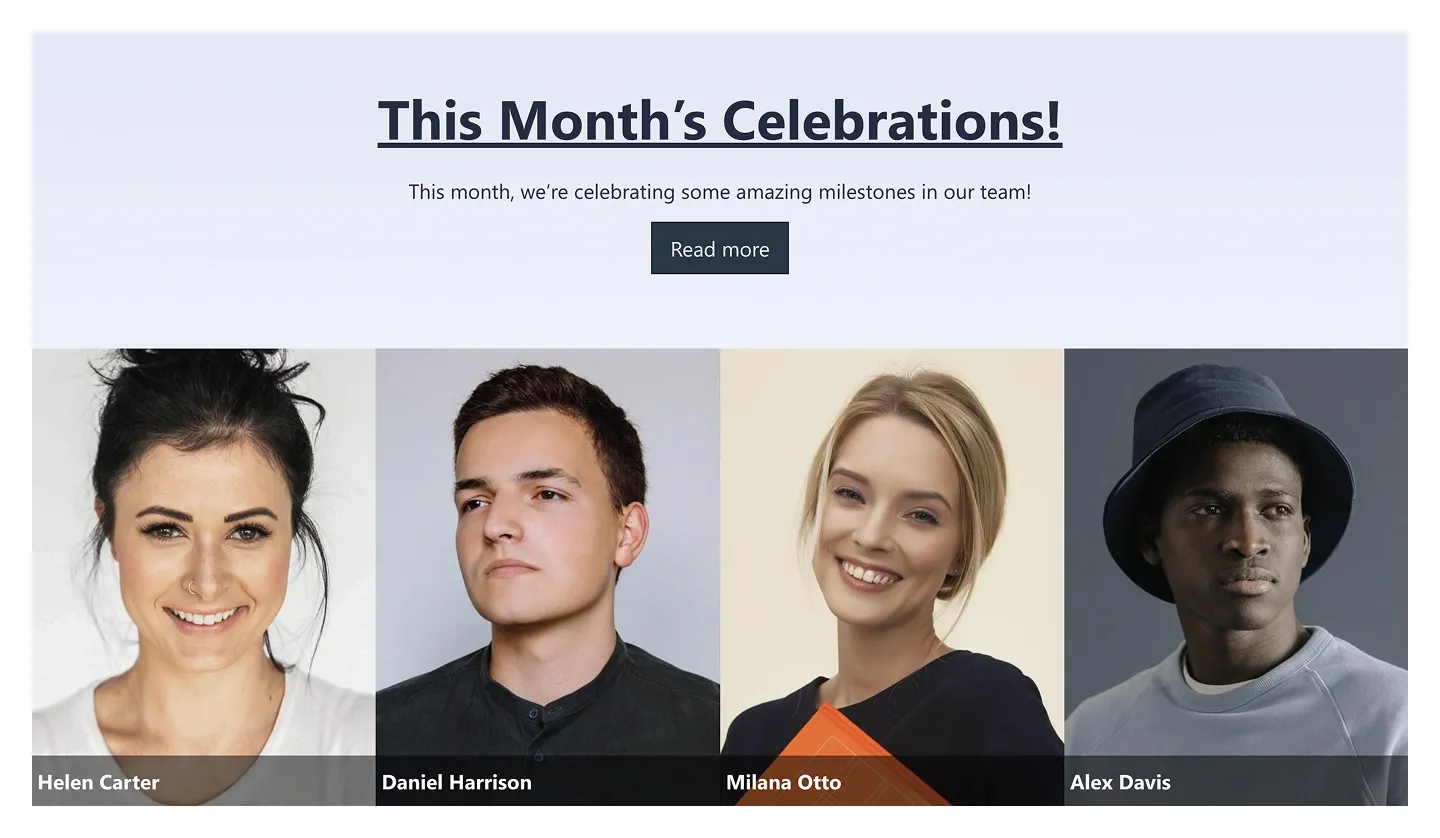 Employee Spotlight section with centered celebration headline above a strip of four employee photos