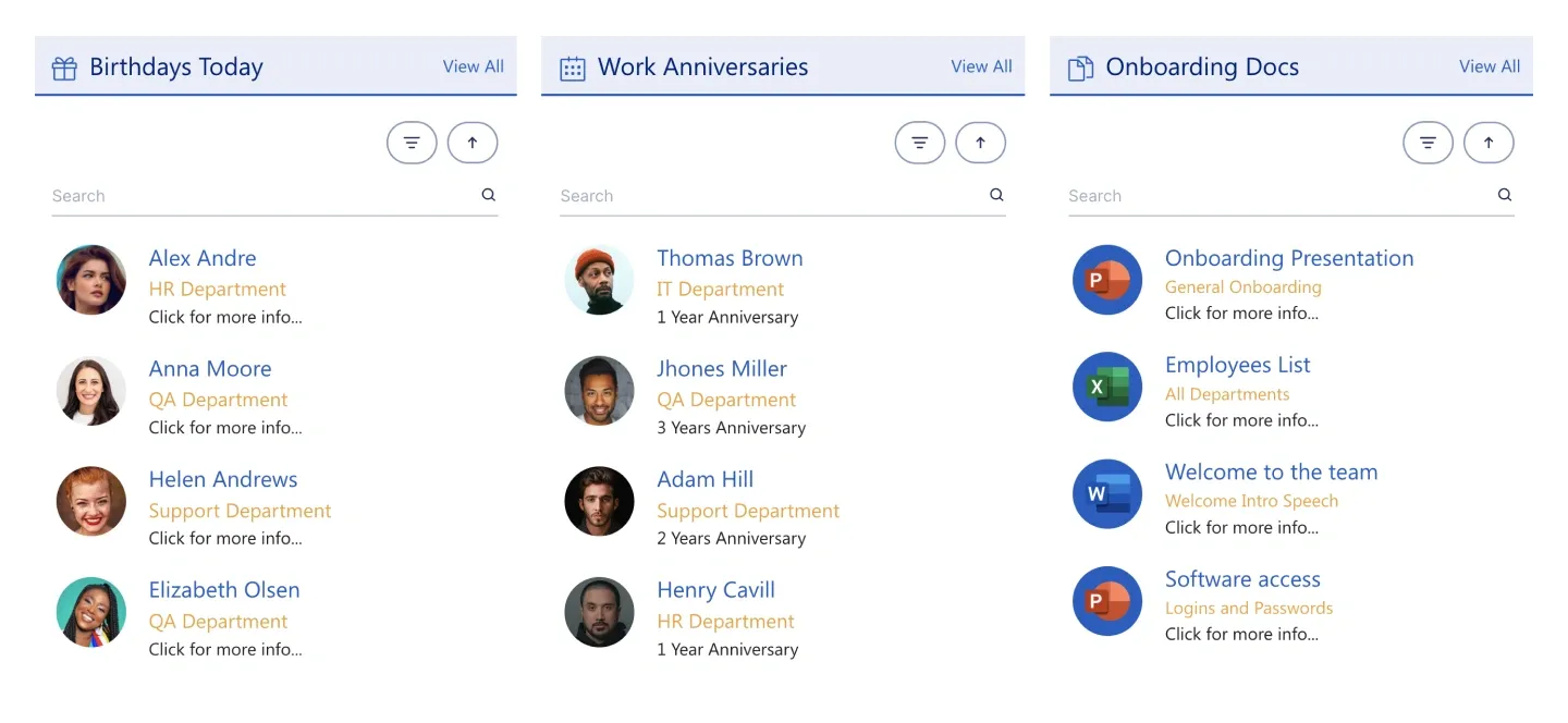 Employees Center with Birthdays Today, Work Anniversaries and Onboarding Docs lists
