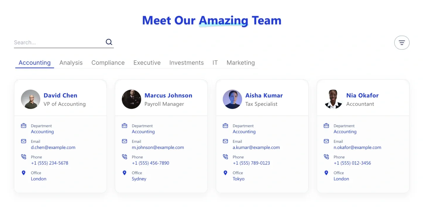 Meet Our Amazing Team directory with search, department tabs and four detailed people cards