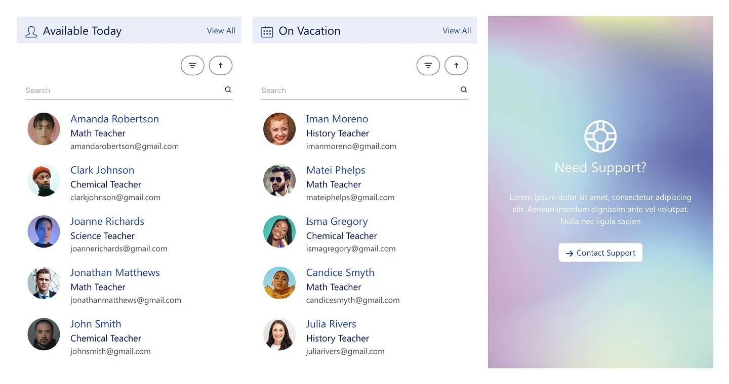 Employees Hub with Available Today and On Vacation people lists beside a gradient Need Support card