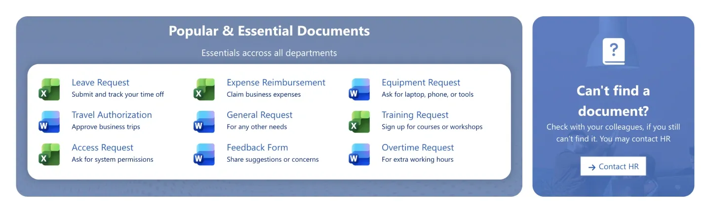 Essential documents section with three-column file list and a blue "Can't find a document?" support card