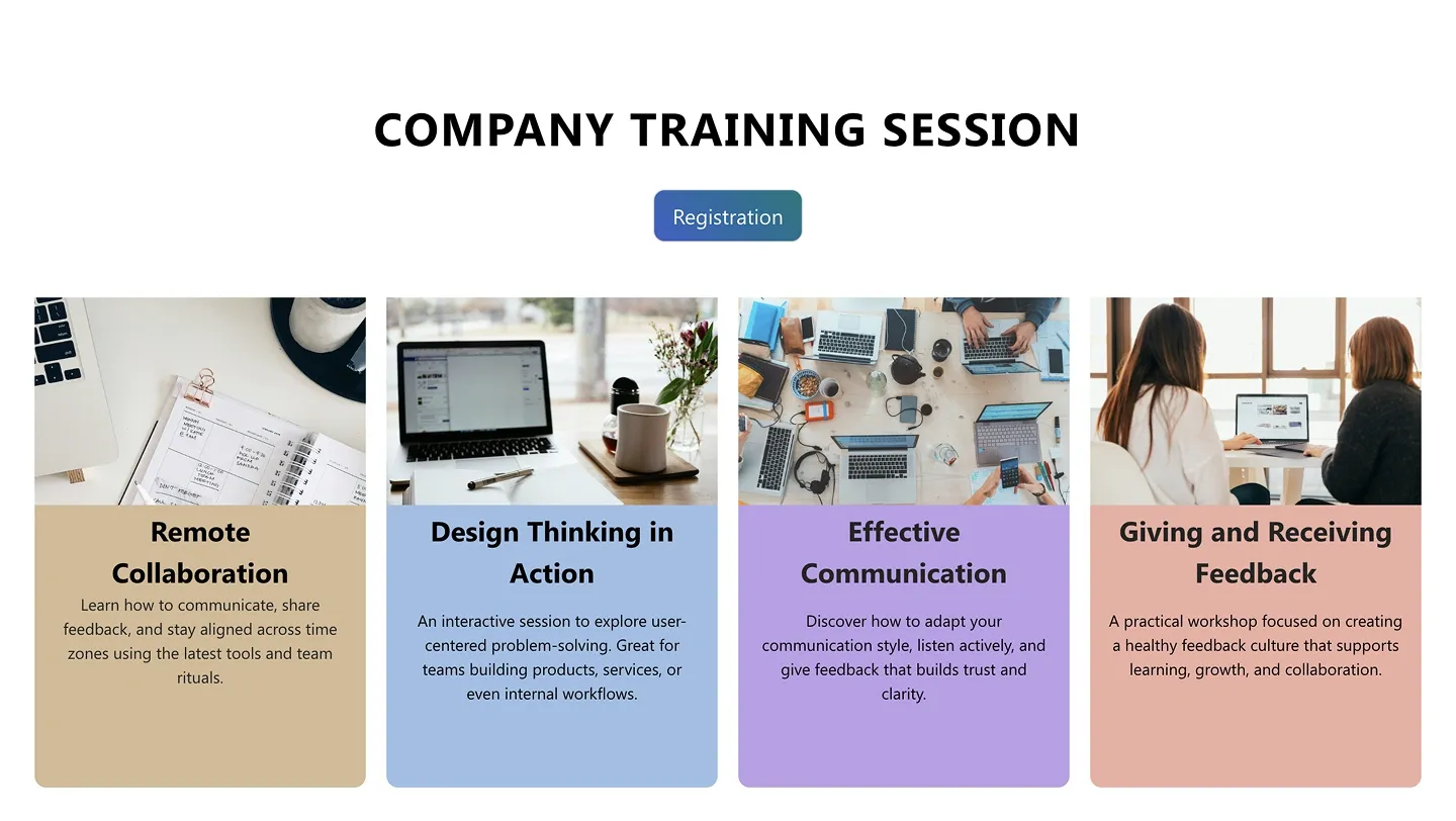 Company training session header with registration button above four pastel photo event cards