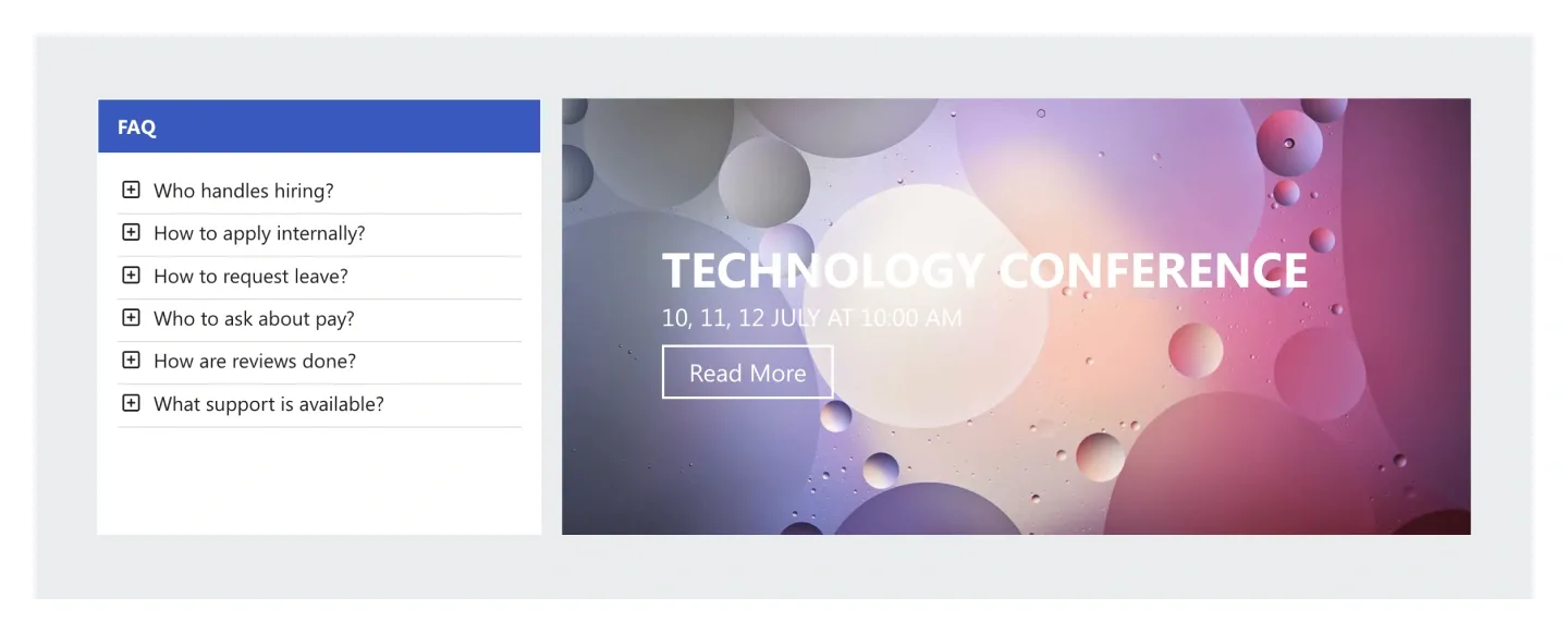 Compact FAQ section with expandable questions beside a Technology Conference event banner
