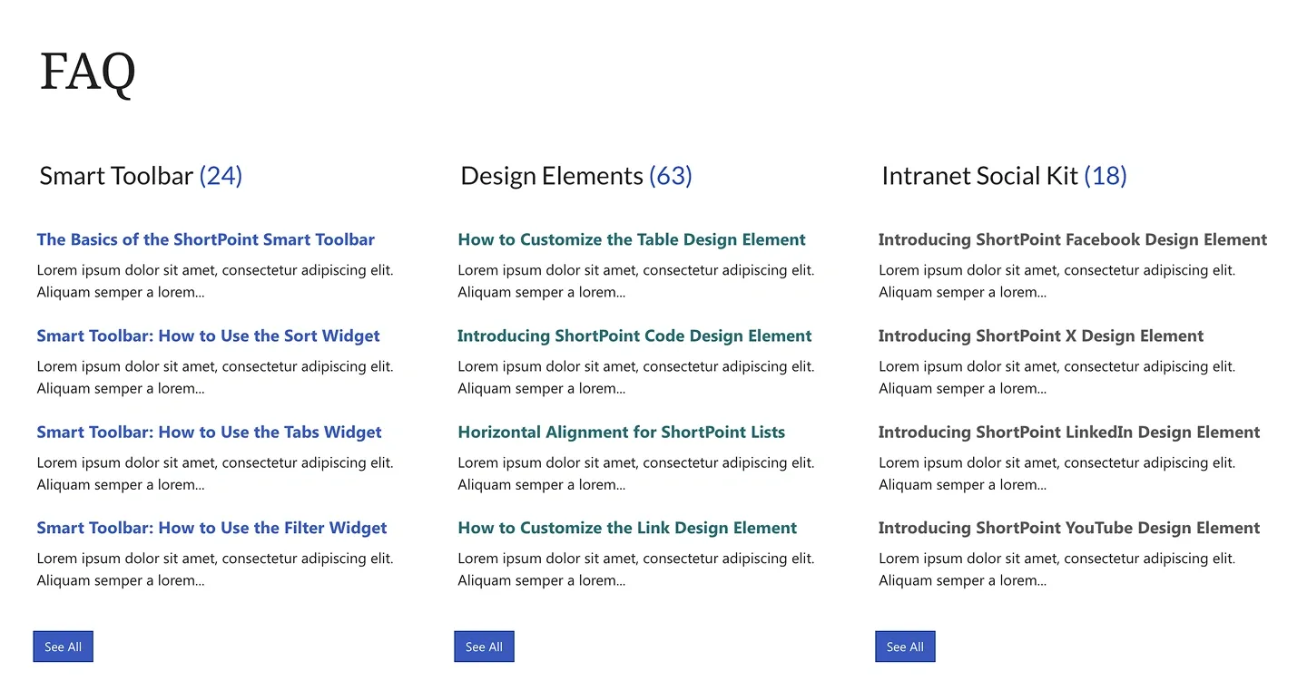 Three-column FAQ section with topic headings, article counts, linked questions and See All buttons