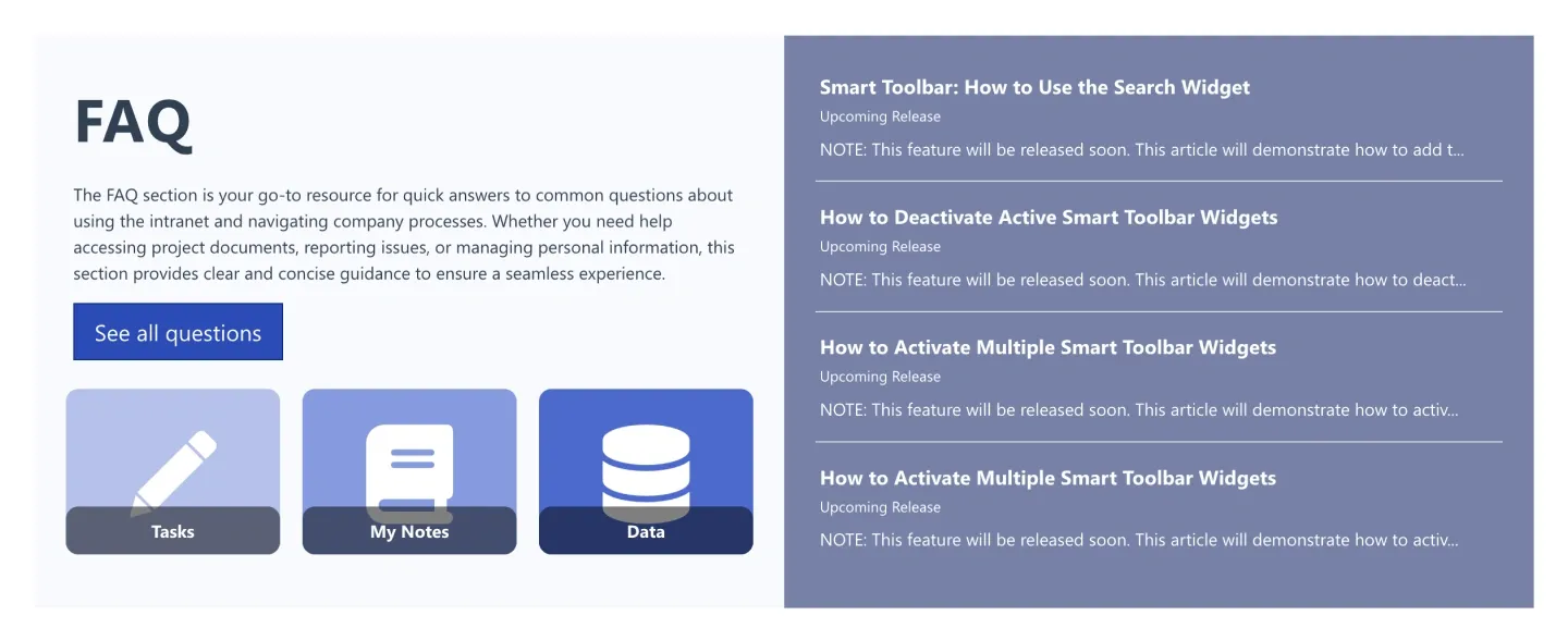 FAQ section with intro text, See All Questions button, three icon tiles and a recent articles panel