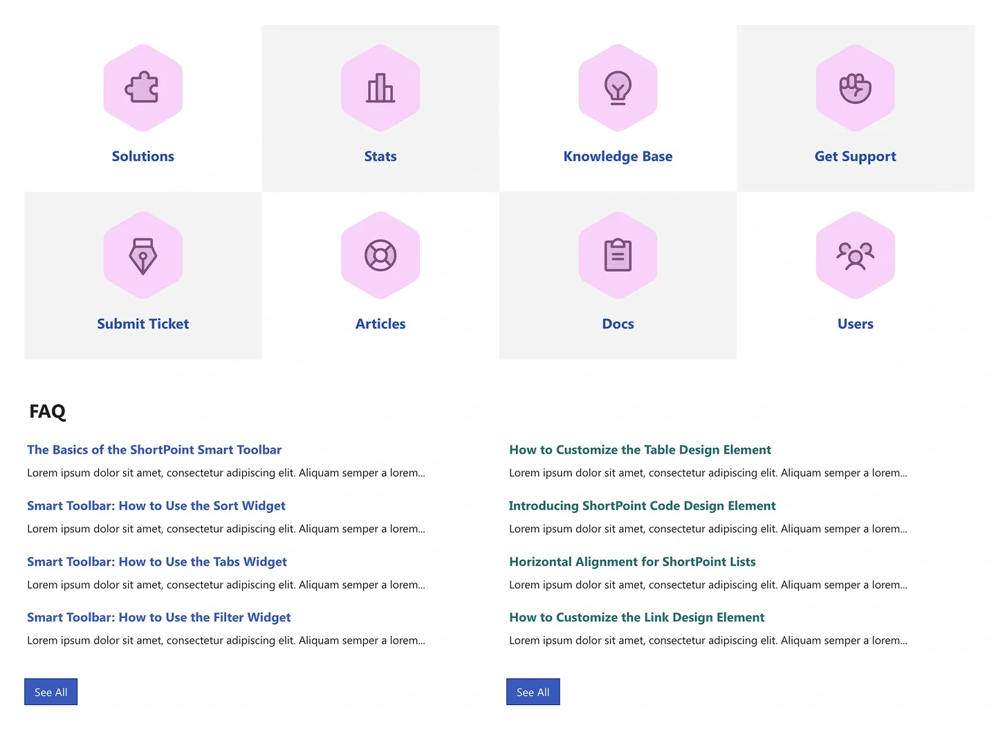 Knowledge base section with eight pink hexagon topic tiles above a two-column FAQ list