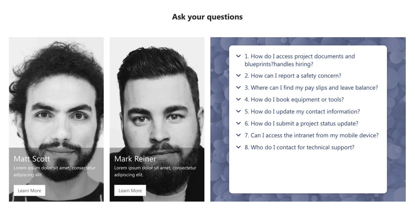 Ask Your Questions FAQ with two black-and-white expert photos and a numbered expandable list