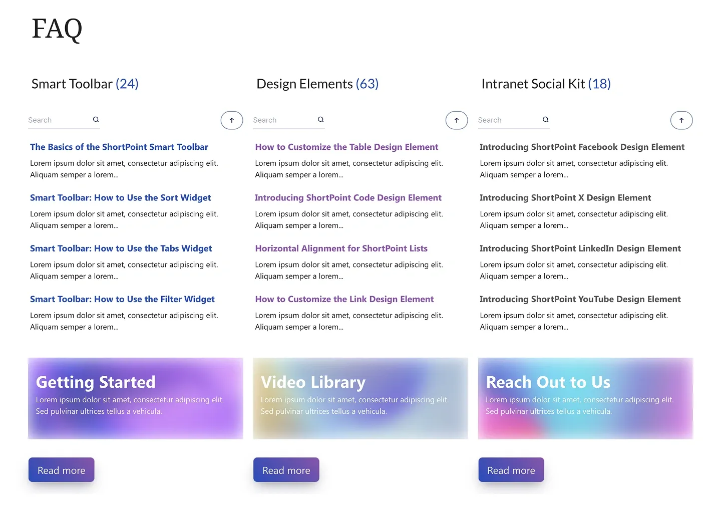Three searchable FAQ columns above gradient promo cards for Getting Started, Video Library and Contact