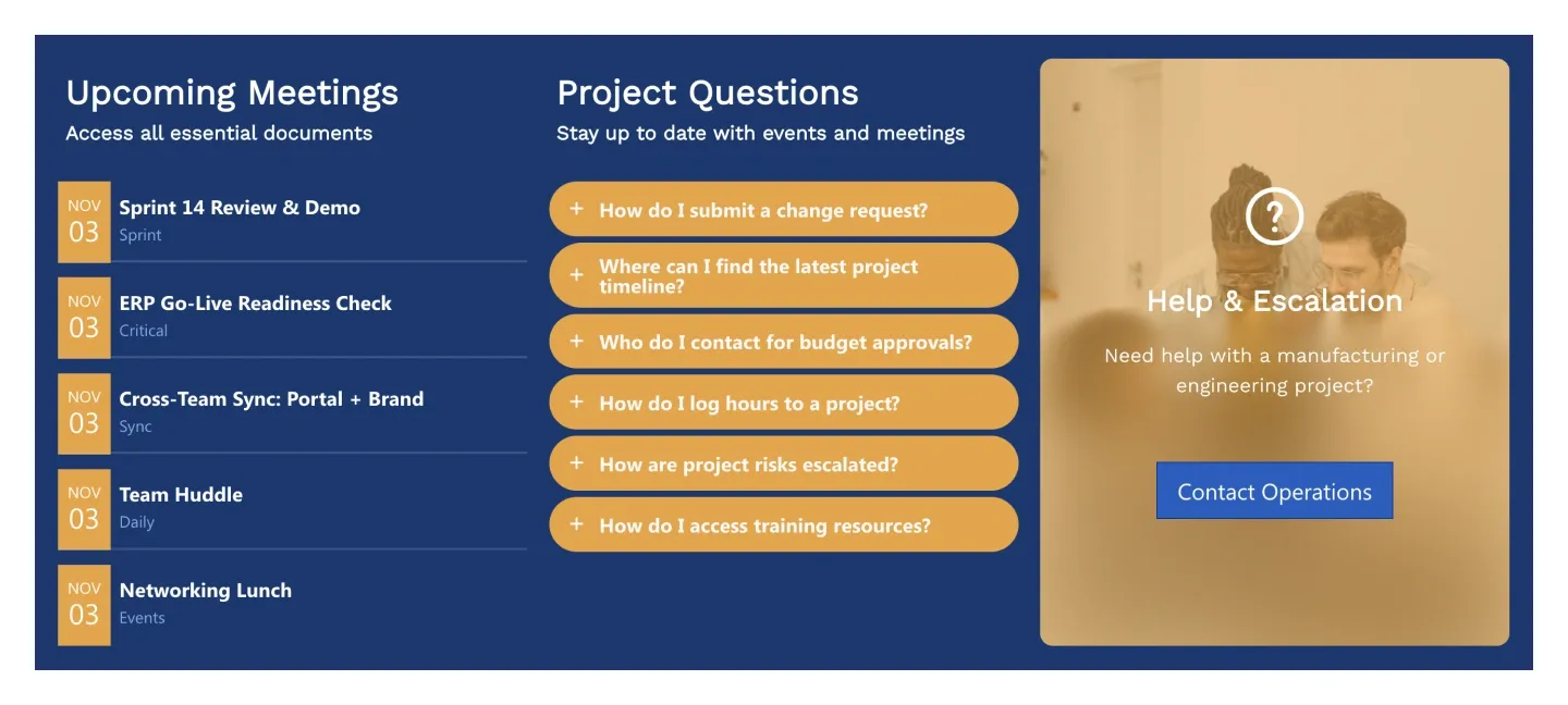 Navy FAQ section with Upcoming Meetings, expandable Project Questions and Help & Escalation card