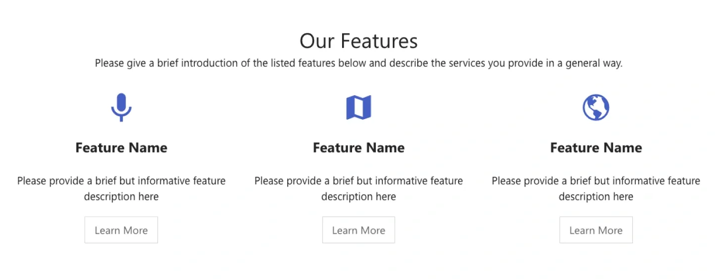 Three-column feature tiles with blue outline icons, feature names, descriptions and Learn More buttons