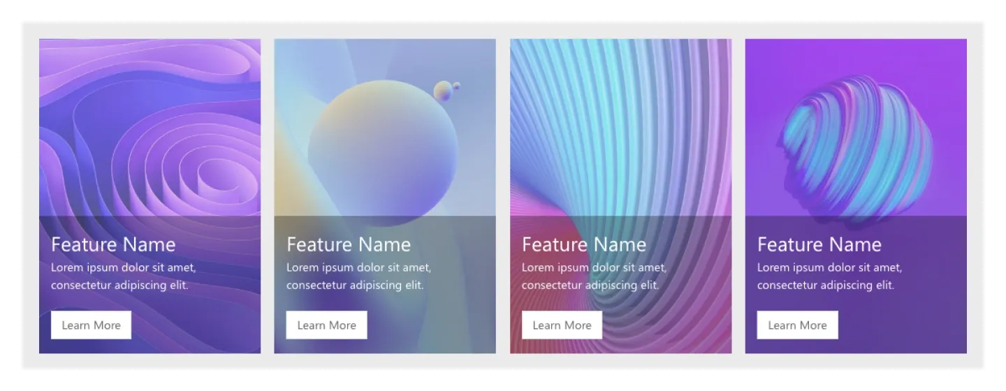 Four tall feature cards with purple and blue gradient artwork and overlaid titles, text and buttons