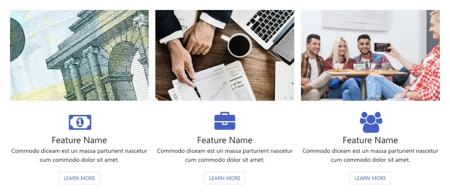 Three feature tiles with photos above blue icons, titles, descriptions and Learn More buttons