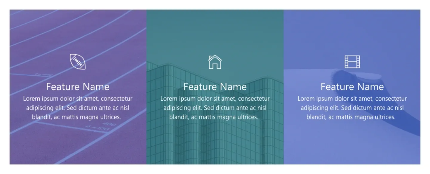 Three full-width blue-purple gradient feature panels with large outline icons, titles and text
