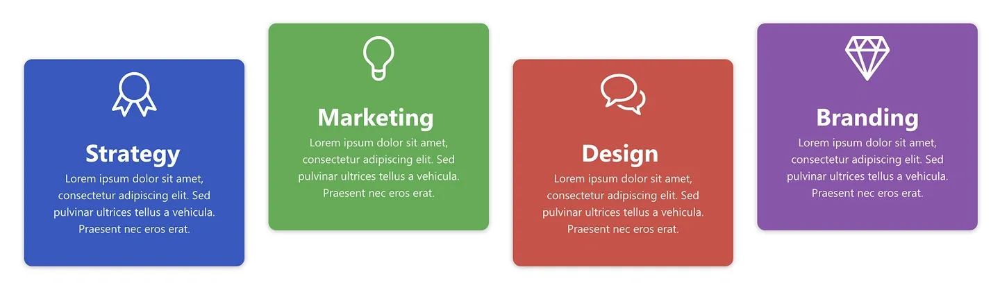 Four bold feature cards in blue, green, red and purple with icons, titles and short text