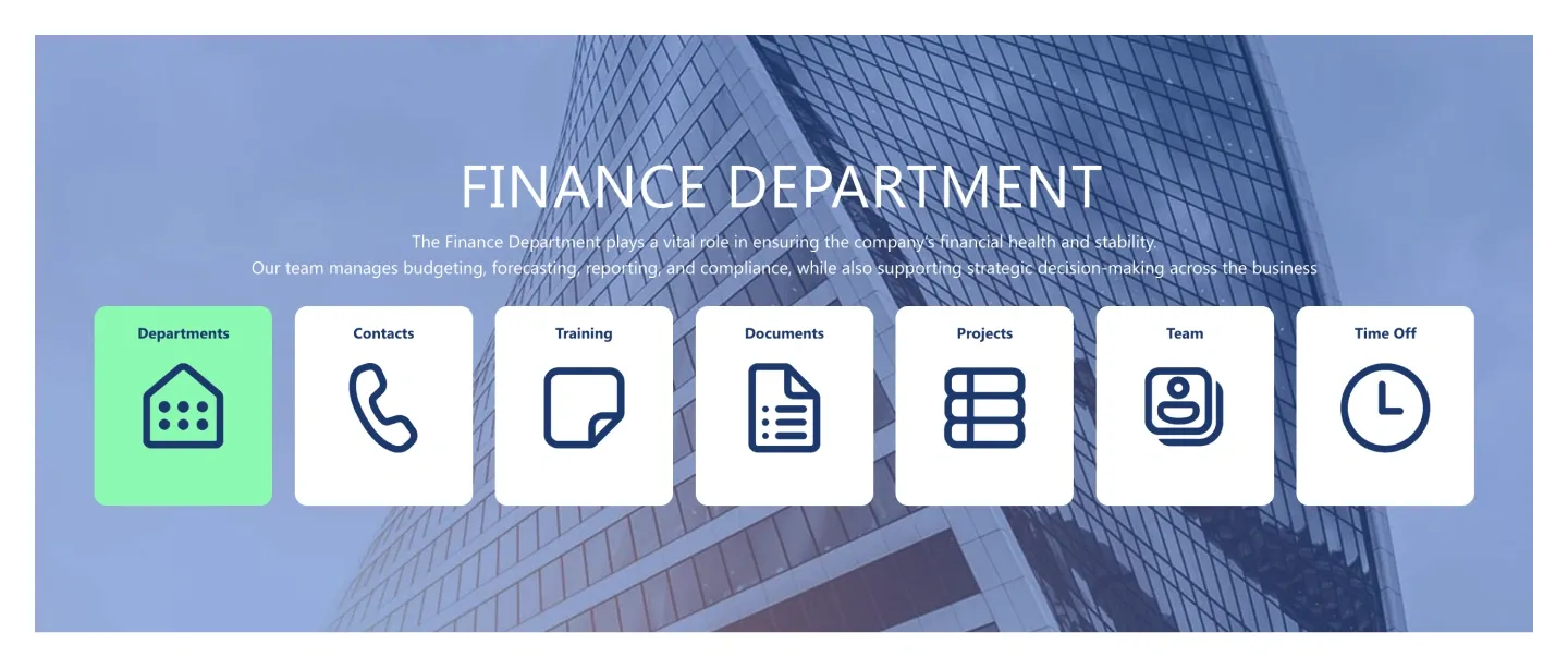 Finance Department SharePoint header over skyscraper photo with title and seven white icon navigation tiles