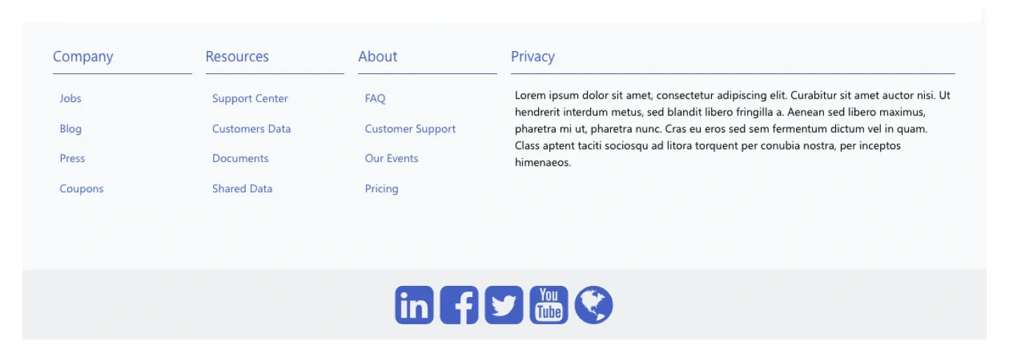 Light grey SharePoint footer with four link columns, privacy paragraph and centered social icons
