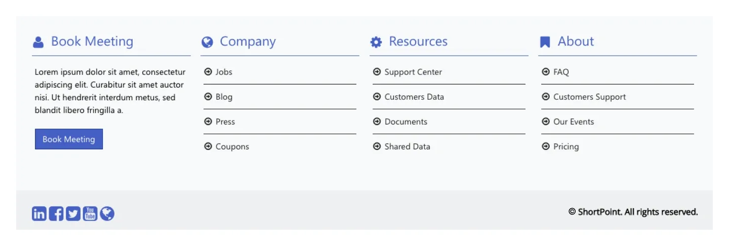 Light footer with Book Meeting button column, three icon link columns and copyright bar
